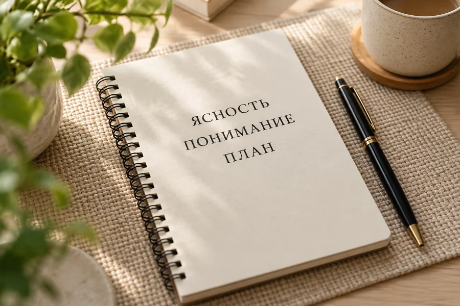 Блокнот с надписью «Ясность, понимание, план»
