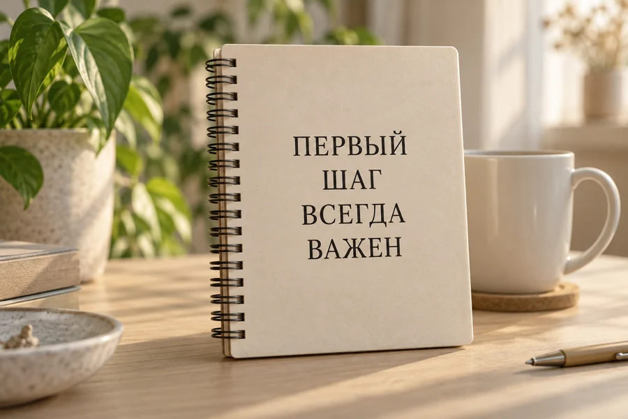 Блокнот с надписью «Первый шаг всегда важен»