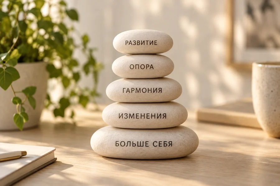 Камни с надписями «Развитие», «Опора», «Гармония», «Изменения», «Больше себя»
